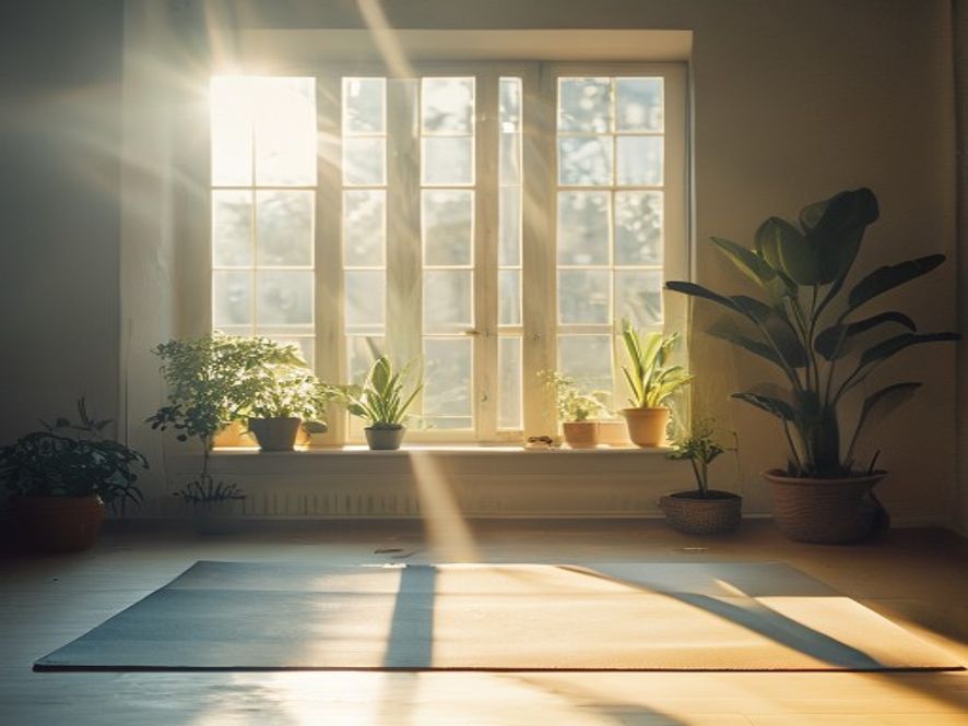 A bright room with morning sunlight streaming through windows, yoga mat ready