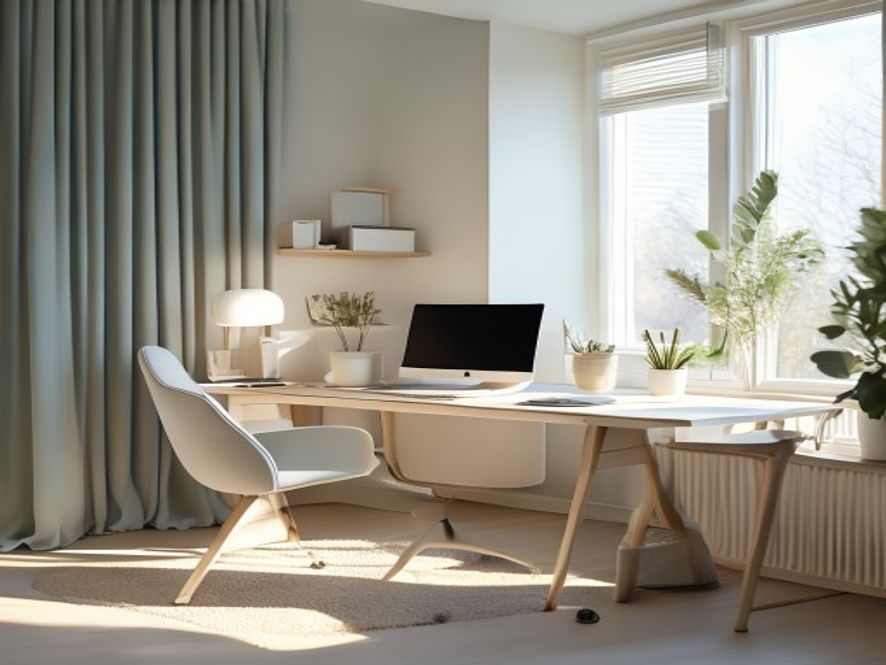 A well-lit workspace with ergonomic furniture and upright desk setup